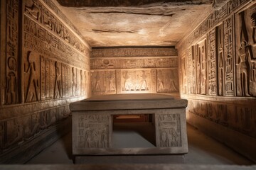 ancient tomb, hidden beneath the sands, with intricate carvings and decorations, created with generative ai - obrazy, fototapety, plakaty