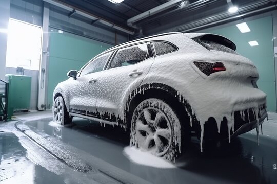 Car covered by a soap foam at the car wash. Photorealistic generative art
