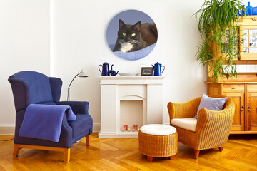 Extraordinary home decoration concept: colorful but cozy living room with a custom-made round cat photo printed on canvas, wood, hardboard or metal.