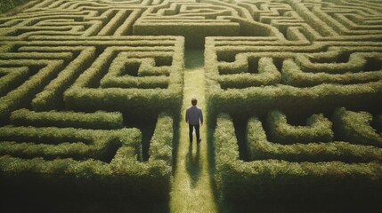 Aerial view of a businessman standing in the green labyrinth. Generative art