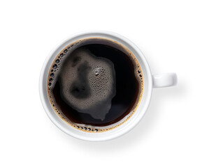 Top view of isolated mug with hot black coffee with foam on transparent cutout PNG background....