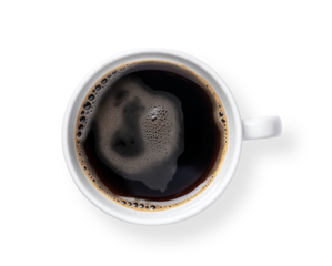 Top view of isolated mug with hot black coffee with foam on transparent cutout PNG background. generative AI