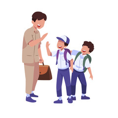 Obraz premium A man with two boys talking to a boy wearing a hat and a backpack.