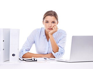 Bored, laptop and portrait of business woman stress on isolated, transparent and png background....