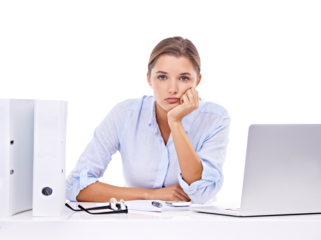 Bored, laptop and portrait of business woman stress on isolated, transparent and png background. Annoyed, face and female office professional frustrated with internet, delay or 404 online glitch