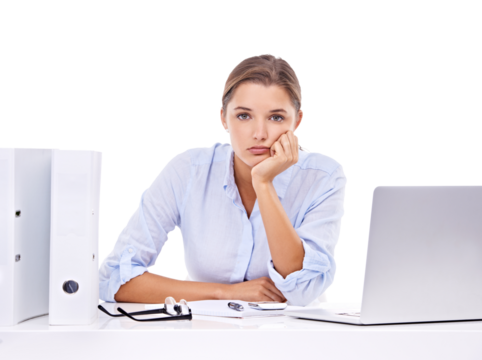 Bored, laptop and portrait of business woman stress on isolated, transparent and png background. Annoyed, face and female office professional frustrated with internet, delay or 404 online glitch
