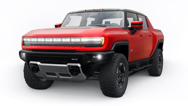 San Diego, USA. April 14, 2023. GMC Hummer EV 2022 is an all-electric red pickup truck with impressive off-road capabilities, luxurious interior and an Infinity Roof. 3D rendering.