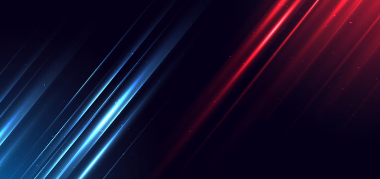 Abstract technology futuristic glowing neon blue and red light lines with speed motion movingon dark blue background with copy space for text.