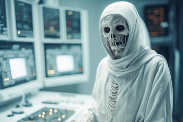 Undead Mummy in a futuristic control room. Generative AI