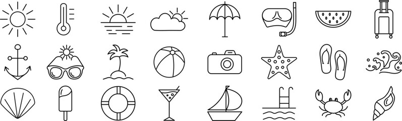 Summer icons set. Beach elements. Vector.