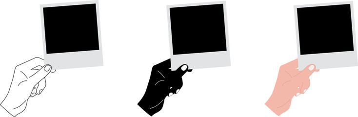 Hand holding a photo. Polaroid photo in hand. Flat style and simple line on white background.
