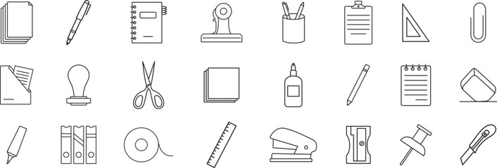 Stationery office supply. Line icons of outline about stationery on transparent background.