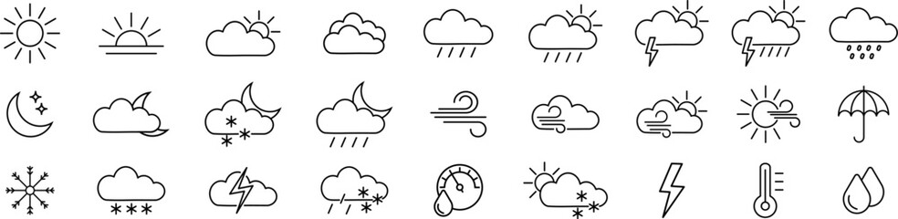 Weather icons. Meteorological and weather forecast line icons.