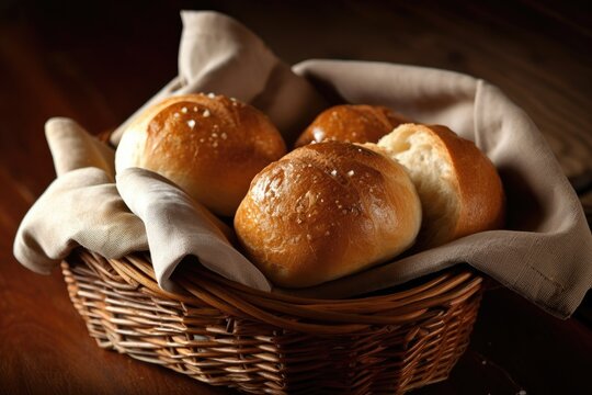 basket of warm and crusty bread rolls, perfect for breakfast or snack, created with generative ai