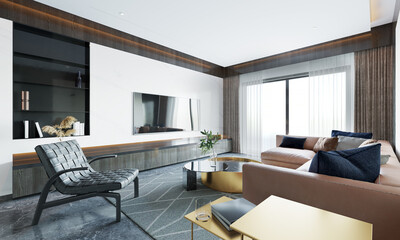The modern luxury interior of the living room is bright and clean. 3D illustration