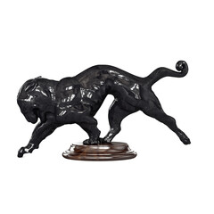 Black sculpture of a tiger with it's head turned downward