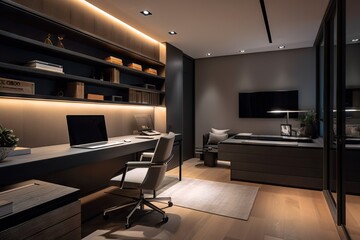 A Modern Home Office With A Desk And A Chair And A Television Law Office Minimalism Interior Design Generative AI
