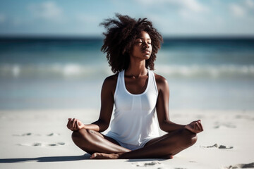 Fototapeta Portrait of a young black woman in white clothes sitting on the beach and meditating AI generative art obraz