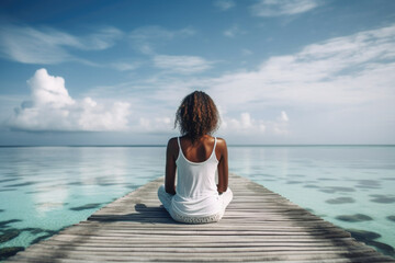 Beautiful woman sitting on the dock and meditate. Generative AI.