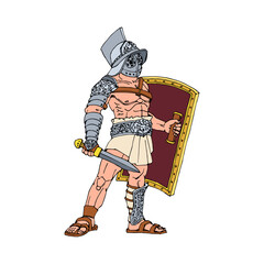 An ancient Roman gladiator with a gladius and a heavy shield. Color vector illustration with black contour lines isolated on a white background in a cartoon style.