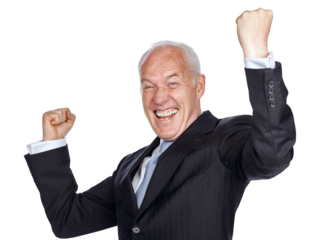 Success, winning and portrait of business man isolated on transparent, png background cheers, celebration and fist pump. Yes and bonus of professional senior person or winner celebrate, wow and sales