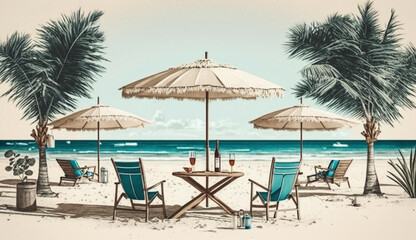 Fototapeta premium Summer beach by the sea,beach chair and umbrella, summer vacation concept. Generative Ai.