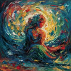 A contemporary oil painting portraying a tranquil figure in deep meditation, surrounded by swirling waves of psychic energy that emanate from their mind. - Generative AI