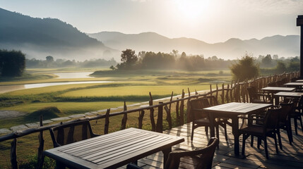 Naklejka premium Beautiful outdoor terrace and chairs on the sunny balcony views with mountain views in the background. Generative Ai.