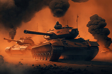 Army tank in the field of battle,Concept of war. Generative AI.