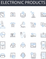 Electronic products line icons collection. Digital devices, Technological items, Electric goods, Cyber products, High-tech gadgets, Audio equipment, Smart devices vector and linear illustration. Tech