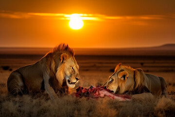 Two lions eating an antelope in the African savannah at sunset - Powered by Adobe