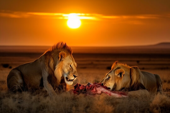 Two lions eating an antelope in the African savannah at sunset