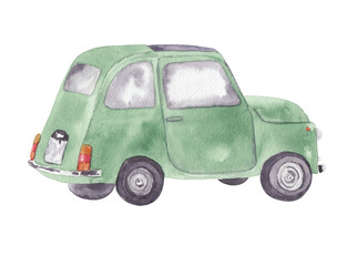 Italian green car Watercolor fiat illustration Png clipart Printable cut file, scrapbook, souvenir, greeting card, invitation, travel journey - obrazy, fototapety, plakaty