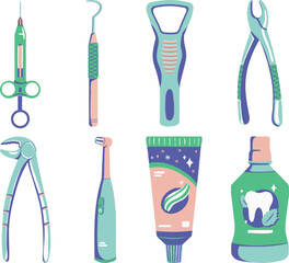Dental tools and instruments set. Vector illustration in cartoon style.