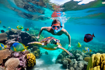 Little boy chasing a turtle underwater in a crystal clear ocean - obrazy, fototapety, plakaty