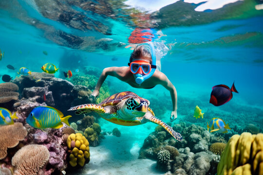 Little boy chasing a turtle underwater in a crystal clear ocean