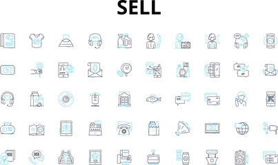 Sell linear icons set. Market, Auction, Distribute, Offer, Vend, Move, Liquidate vector symbols and line concept signs. Trade,Retail,Pitch illustration