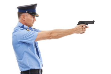 Police officer, man and aim gun to shoot for law, security or stop crime by transparent png background. Isolated policeman, profile and pistol with shooting for justice, safety or public protection