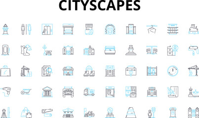 Cityscapes linear icons set. Vibrant, Skyscrapers, Urban, Skyline, Crowded, Traffic, Energy vector symbols and line concept signs. Diversity,Culture,Nightlife illustration