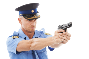 Police officer, man and aim gun for shooting, law or security to stop crime by transparent png background. Isolated policeman, security or pistol to shoot for justice, safety or protection in society