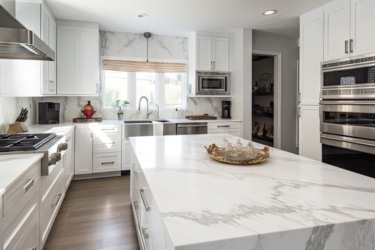 outfit modern white kitchen with marble countertops and stainless steel appliances, created with generative ai