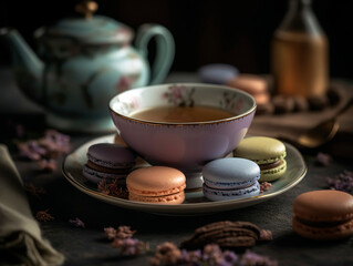 Cup of tea with steam rising, surrounded by a beautifully arranged assortment of pastel-colored macarons.