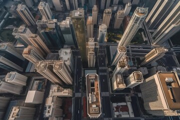 Top View of Business Cityscape with Tall Buildings and Skyline Tower in Drone Shot