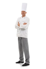 Chef, smile and portrait of man with arms crossed standing isolated on a transparent png...