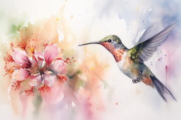 Highlight the natural beauty of a hummingbird and a flower with a soft and subtle watercolor approach