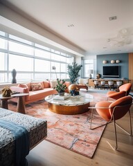 A Living Room With A Couch Chairs And A Television Living Room Art Deco Interior Design Generative AI