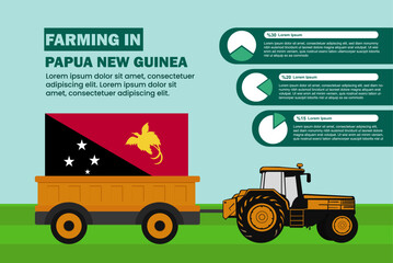 Farming industry in Papua New Guinea, pie chart infographics with tractor and trailer