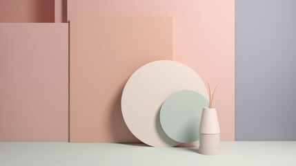 table that has some pink and green plates and vases on it