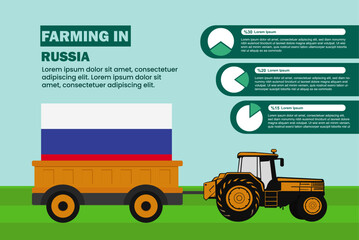 Farming industry in Russia, pie chart infographics with tractor and trailer