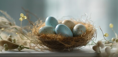 Fototapeta na wymiar Pastel blue colored easter eggs on a nest, blue background, copy space banner - generative ai